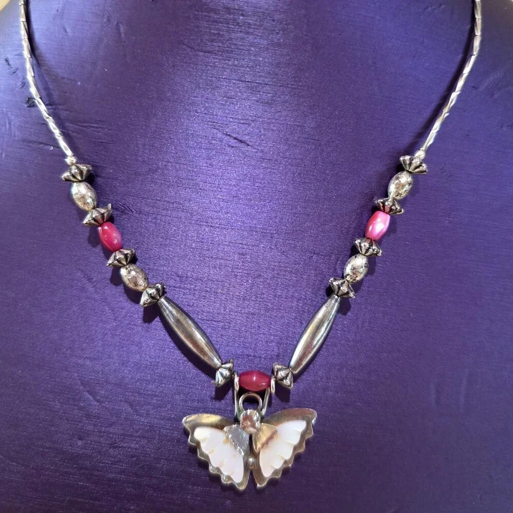 1980's Soutwestern Handmade MOP Butterfly Pendant Pink Silver Beaded Necklace